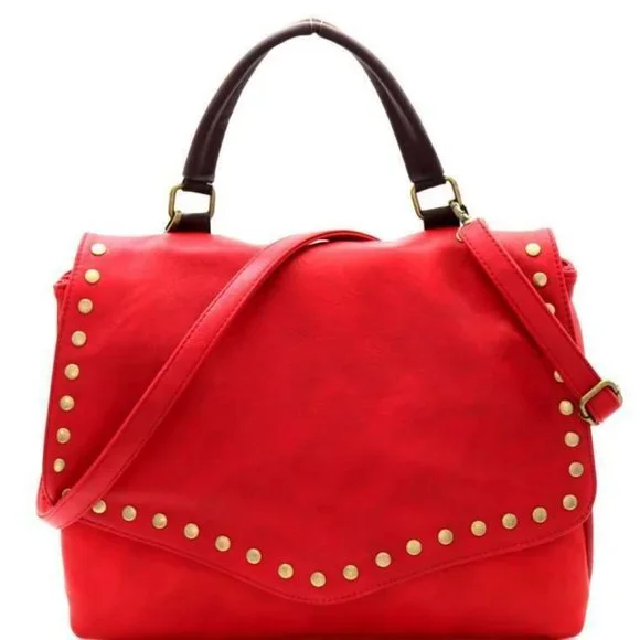 Stylish Brass-tone Studded Distressed Flap Satchel - Picture 2 of 2